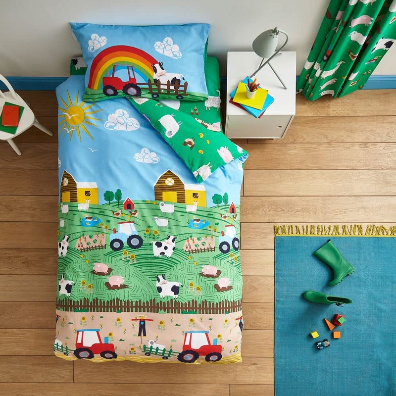 Catherine Lansfield Bedding Farmyard Animals Single Duvet Cover Set with Pillowcases Blue Single Duvet Set