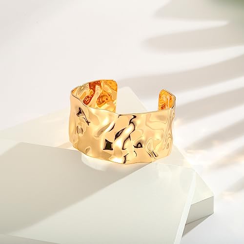 WOWORAMA Hammered Gold Cuff Bracelet for Women Wide Chunky Open Cuff Bangles Vintage Statement Gold Bracelet Adjustable Thick Wrist Cuff Bracelets - Image 4