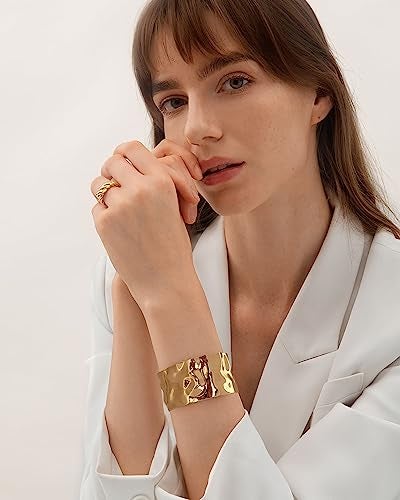 WOWORAMA Hammered Gold Cuff Bracelet for Women Wide Chunky Open Cuff Bangles Vintage Statement Gold Bracelet Adjustable Thick Wrist Cuff Bracelets - Image 3