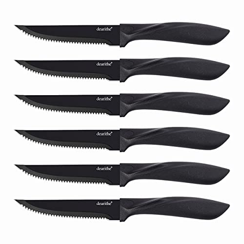 dearithe Steak knives set of 6, Black Serrated Stainless Steel Sharp Blade Flatware Steak Knife Set, 4.5 Inches,Non stick coating for Anti-rusting, for Restaurant Tableware Kitchen Camping - Image 1