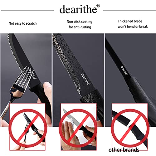 dearithe Steak knives set of 6, Black Serrated Stainless Steel Sharp Blade Flatware Steak Knife Set, 4.5 Inches,Non stick coating for Anti-rusting, for Restaurant Tableware Kitchen Camping - Image 4