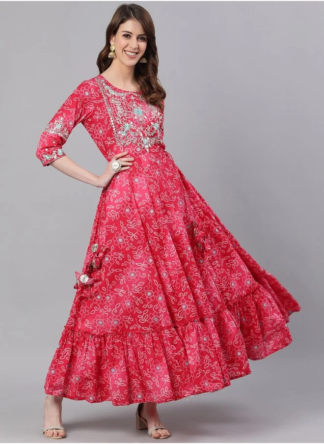ISHIN Aline Fit Self Design Pattern Round Neck Neck Three-Quarter Sleeves Pink Colour Knitted Cotton Kurtis for Women with Semi Elastic Closure - An Ideal Pick for Any Occasion
