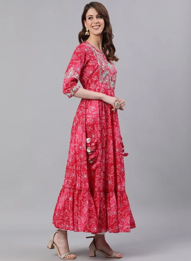 ISHIN Women's Pink 100% Cotton Self Design A-Line Kurta
