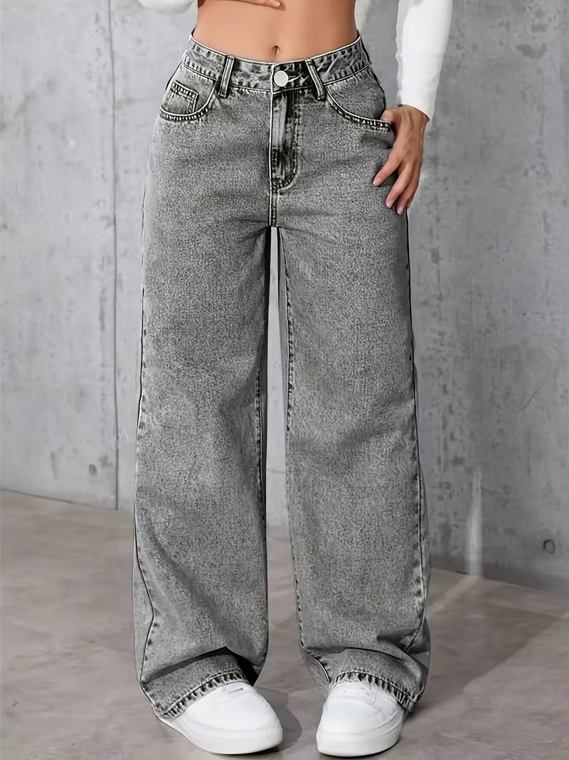 Women's European and American Style Versatile Snowflake Design Gray Wide-Leg Jeans - Image 3
