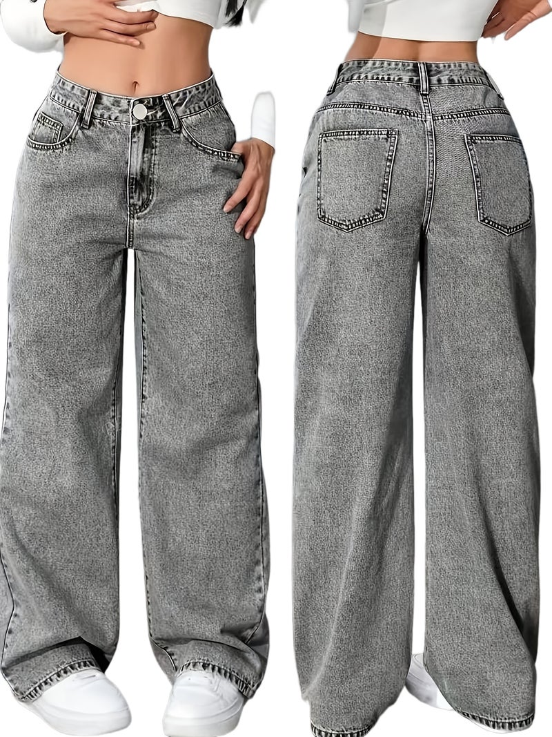 Women's European and American Style Versatile Snowflake Design Gray Wide-Leg Jeans - Image 1