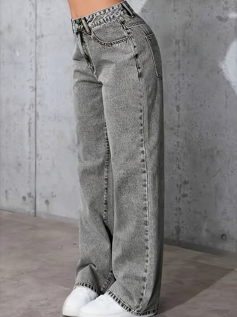 Women's European and American Style Versatile Snowflake Design Gray Wide-Leg Jeans - Image 5