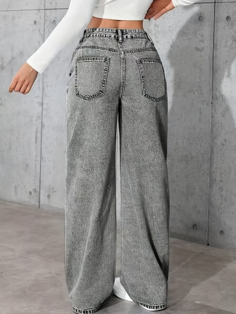 Women's European and American Style Versatile Snowflake Design Gray Wide-Leg Jeans - Image 4