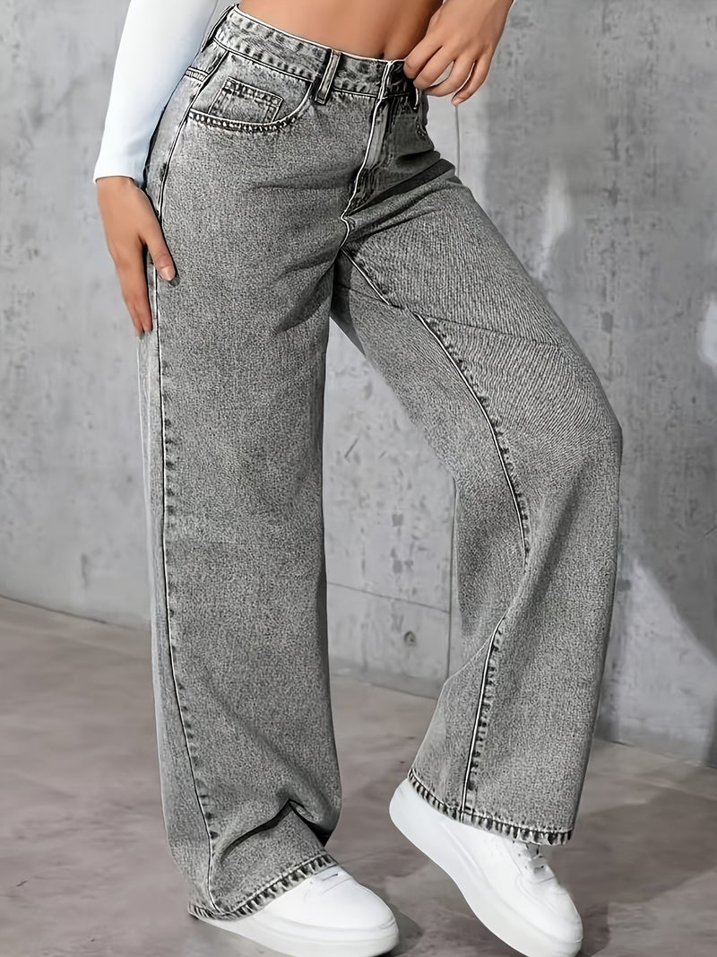 Women's European and American Style Versatile Snowflake Design Gray Wide-Leg Jeans - Image 2