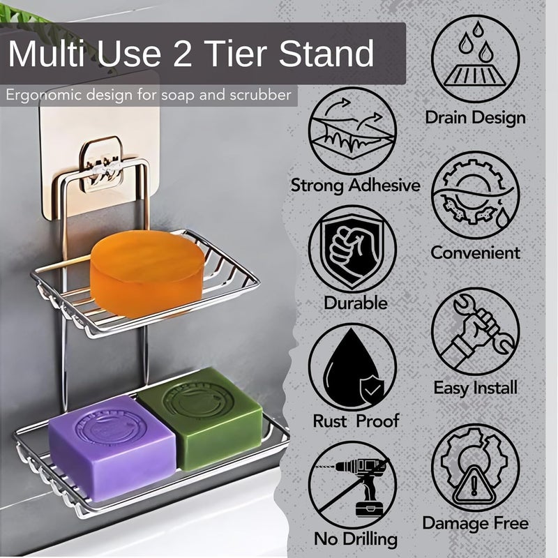 Linear حامل صابون لاصق ذو طبقتين | حامل صابون مثبت على الحائط للحمام | صينية صابون | حامل صابون من الفولاذ المقاوم للصدأ للحمام، ملحقات حمام مقاومة للماء معلقة على الحائط - Image 3