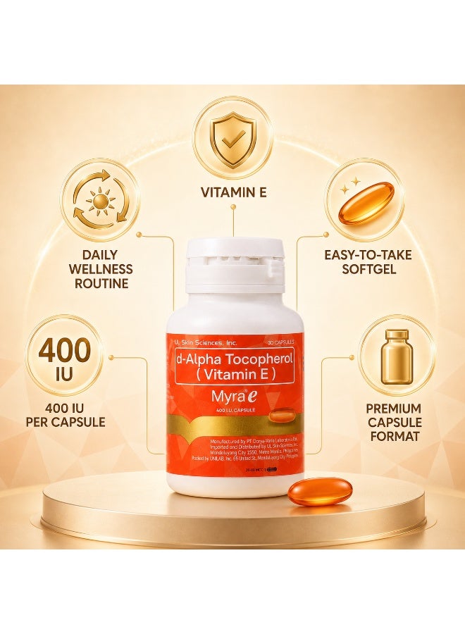 Myra e Vitamin E 400 IU d-Alpha Tocopherol Capsules, Natural Vitamin E Softgels for Daily Antioxidant & Beauty Care, 30 Count - Image 3