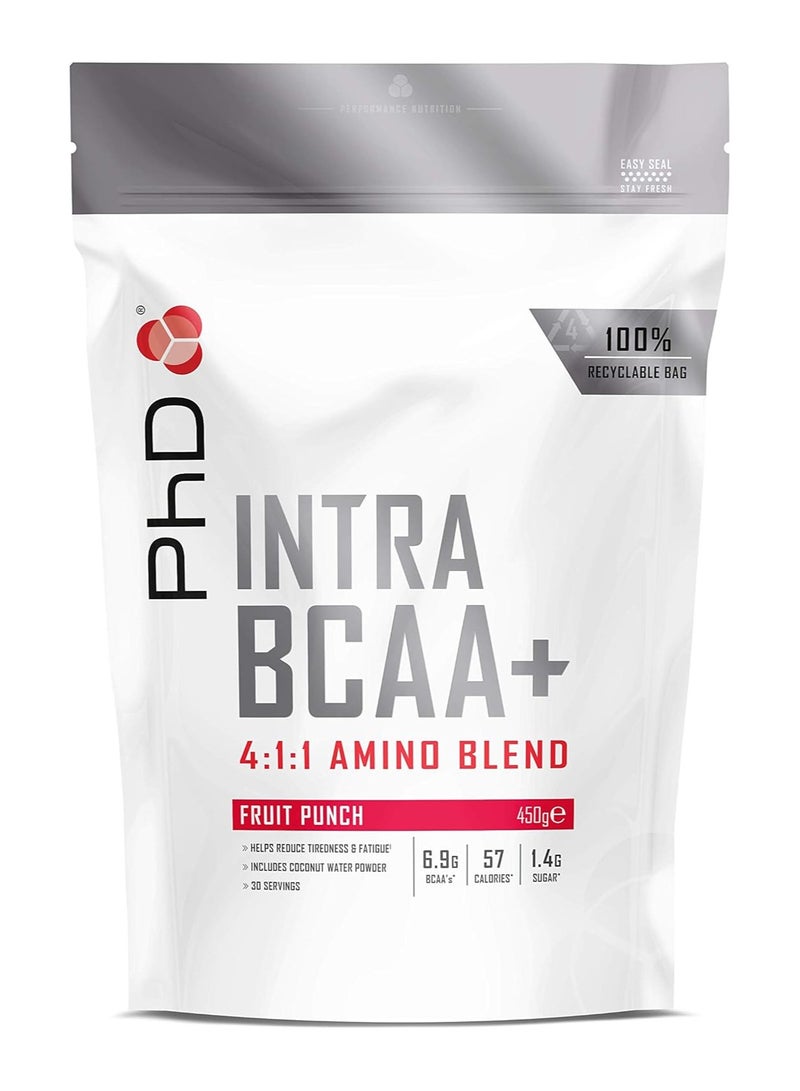 PhD Intra Bccaa + Powder, 4:1:1 Amino Blend, Helps Reduce Tiredness & Fatigue, Includes Coconut Water Powder,30 Serving- 6.9g BCAAs 57 Calories ,1.4G Suger Fruit Punch Flavour, 450 gm - Image 1