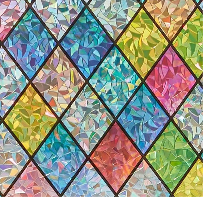 Sunbaby Window Privacy Film Stained Glass, Static Cling Decorative Rainbow Window Cling, Lattice Coverings Decals for Home Door, Non-Adhesive Window Stickers Anti-UV & Heat Control (17.5"x78.7") - Image 1