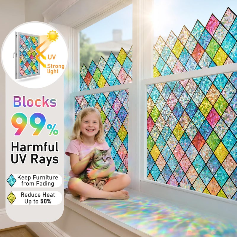 Sunbaby Window Privacy Film Stained Glass, Static Cling Decorative Rainbow Window Cling, Lattice Coverings Decals for Home Door, Non-Adhesive Window Stickers Anti-UV & Heat Control (17.5"x78.7") - Image 3