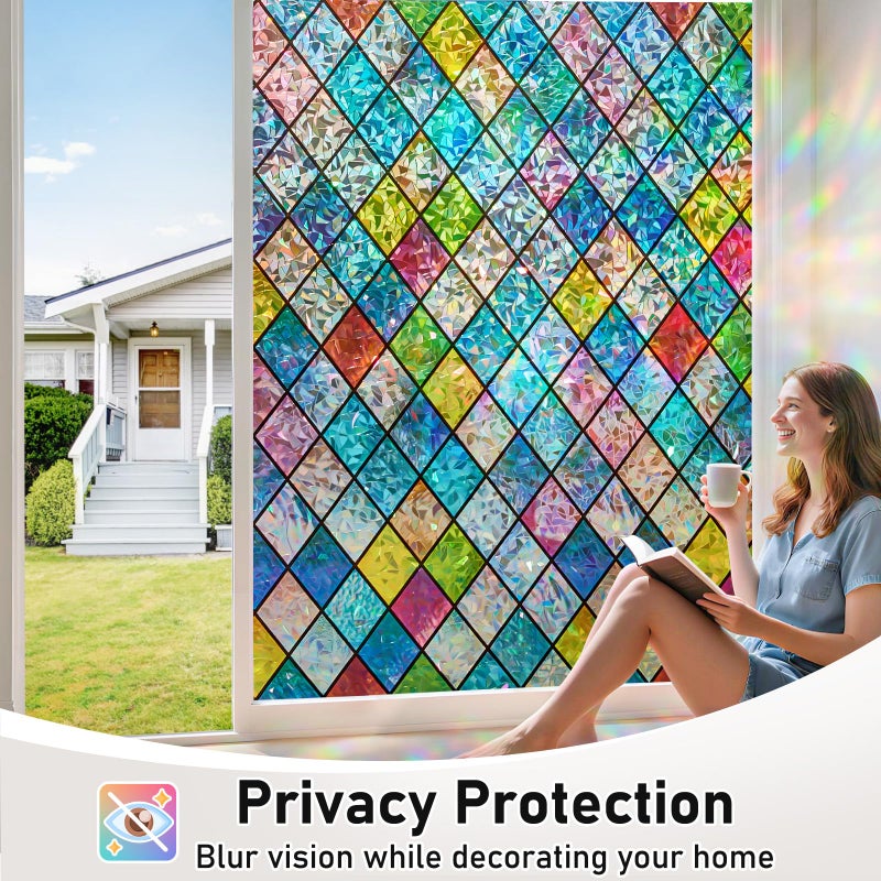 Sunbaby Window Privacy Film Stained Glass, Static Cling Decorative Rainbow Window Cling, Lattice Coverings Decals for Home Door, Non-Adhesive Window Stickers Anti-UV & Heat Control (17.5"x78.7") - Image 4