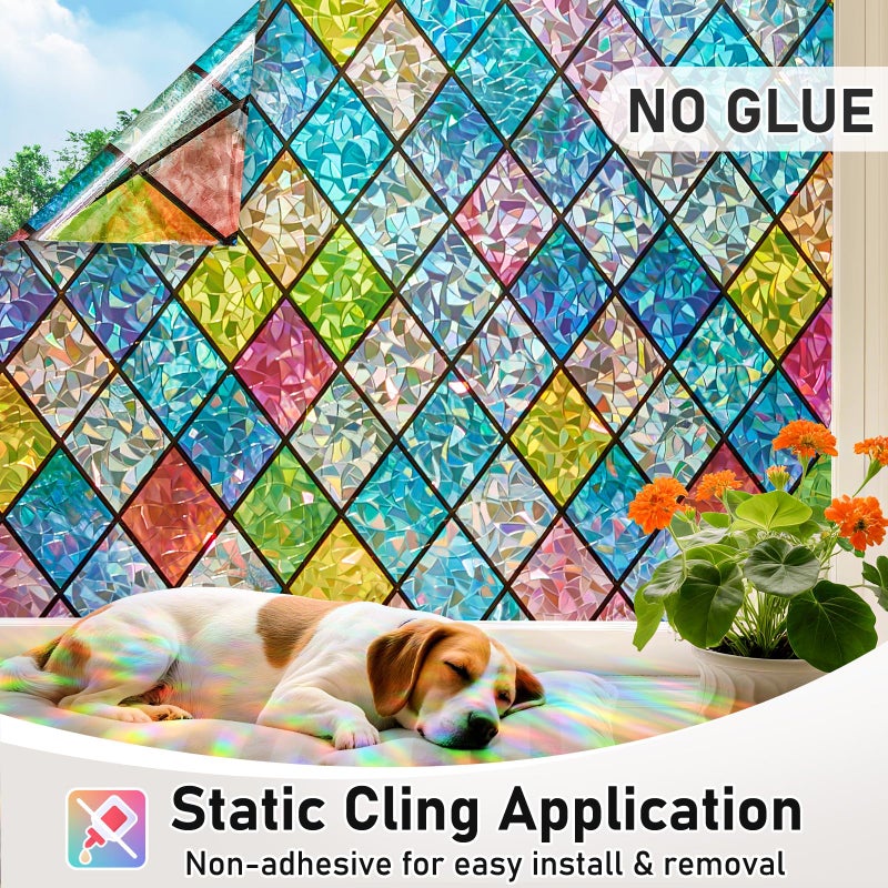 Sunbaby Window Privacy Film Stained Glass, Static Cling Decorative Rainbow Window Cling, Lattice Coverings Decals for Home Door, Non-Adhesive Window Stickers Anti-UV & Heat Control (17.5"x78.7") - Image 5