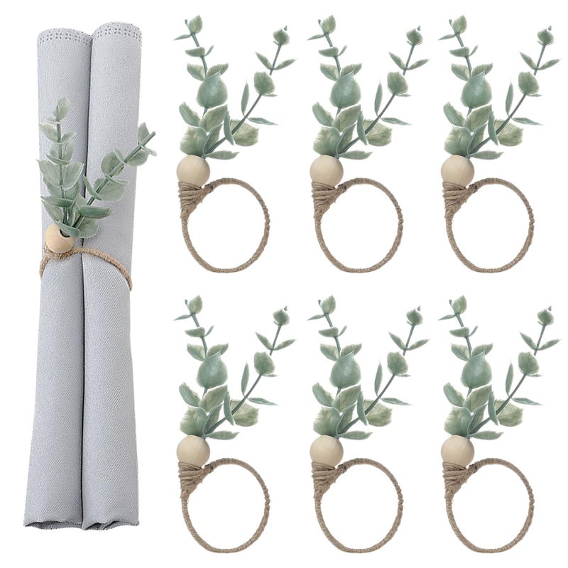 MLURCU Napkin Rings Set of 6 Rustic Eucalyptus Wooden Napkin Rings Boho Leaf Wood Bead Farmhouse Spring Fall Napkin Ring Holder for Family Dining Banquet Wedding Christmas Easter Holiday Table Decor