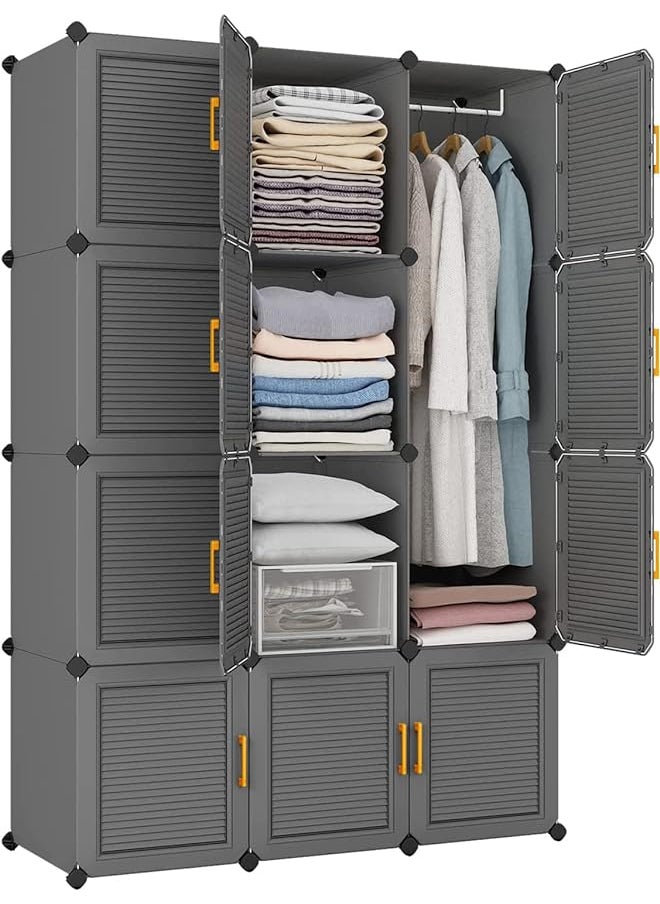 erorex - Cube Storage Organzier Portable Wardrobe Closet Cube Combination Armoire With 2 Clothes Rails For Hanging Clothes Modular Closet Cabinet For Space Saving 180X120X45 Cm Gray - Image 1