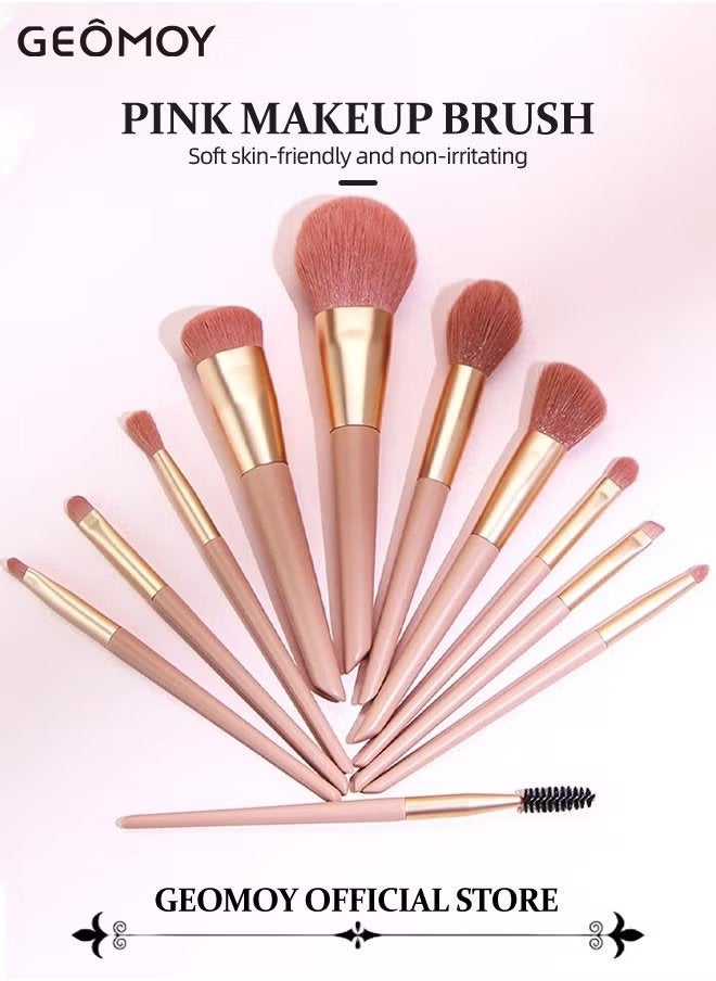 Geomoy 11pcs Wooden Handle Makeup Brushes Set with Storage Bag & 6pcs Triangle Powder Puff Elegant Style Soft Bristle Brushes Foundation Powder Eyeshadow Cosmetic Brush - Image 2