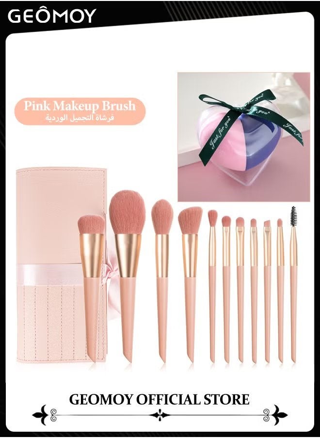 Geomoy 11pcs Wooden Handle Makeup Brushes Set with Storage Bag & 6pcs Triangle Powder Puff Elegant Style Soft Bristle Brushes Foundation Powder Eyeshadow Cosmetic Brush - Image 1