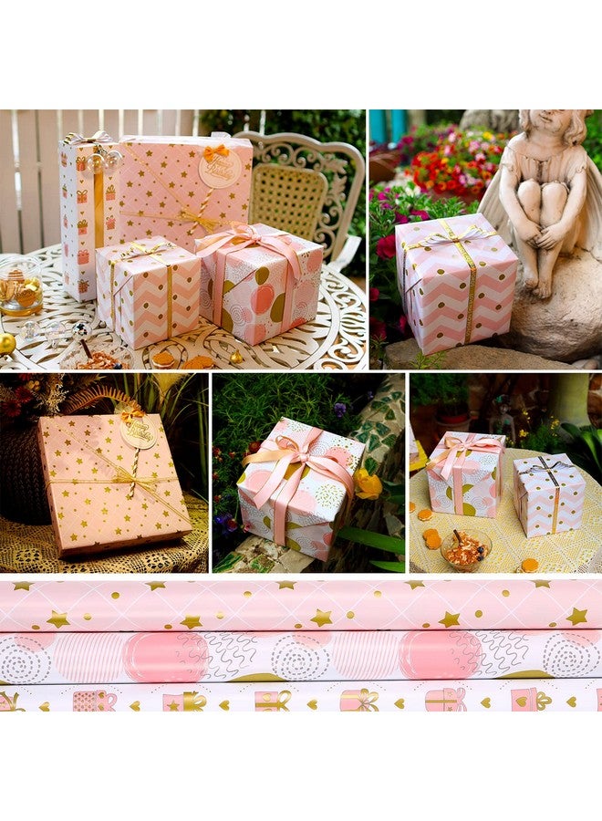 MAMUNU Gift Wrapping Paper For Girl Women 12 Sheets Metallic Gold Foil And Pink Wrapping Paper Gift Wrapping Paper Sheets For Birthday Valentines Day Wedding Baby Shower 28X20Inch - Image 5