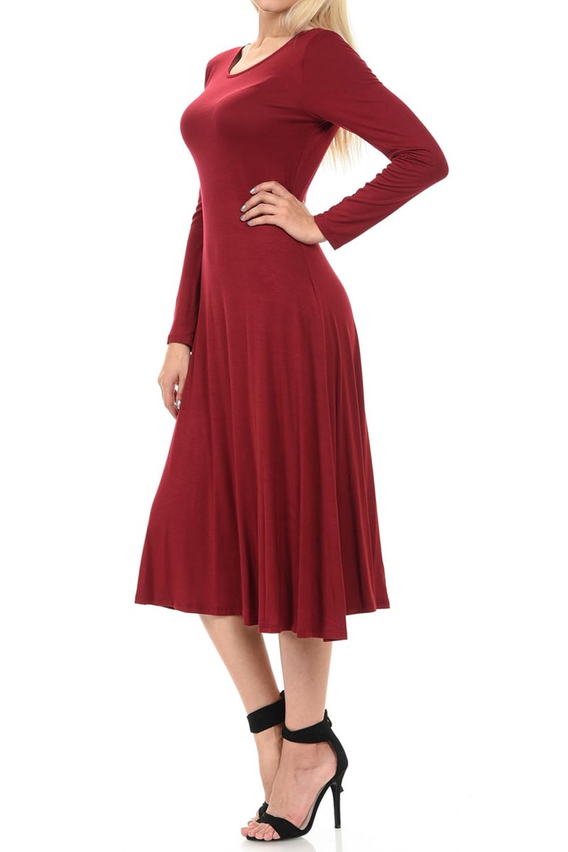 iconic luxe Women's Long Sleeve A-Line Fit and Flare Midi Dress Formal Casual Small Burgundy - Image 2