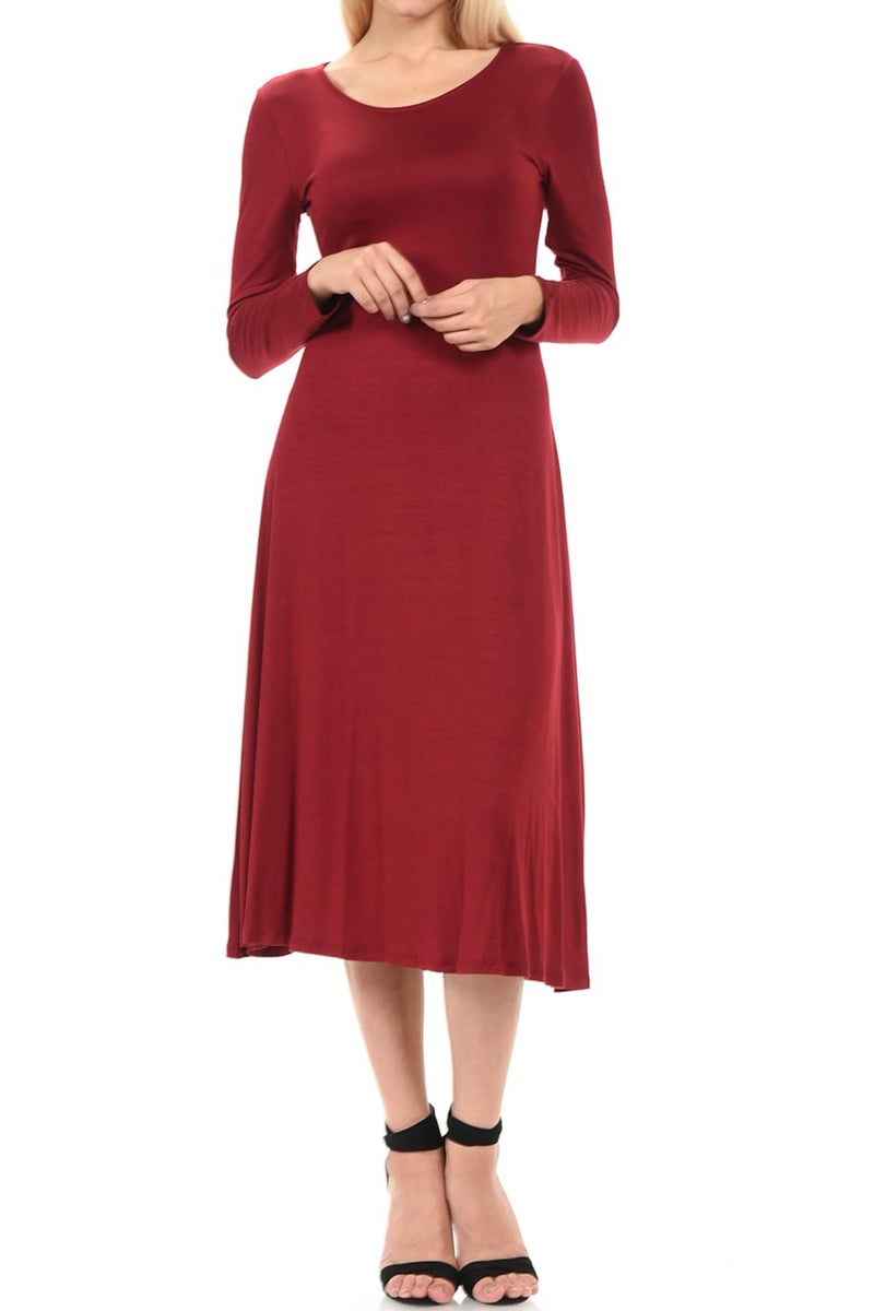 iconic luxe Women's Long Sleeve A-Line Fit and Flare Midi Dress Formal Casual Small Burgundy - Image 1