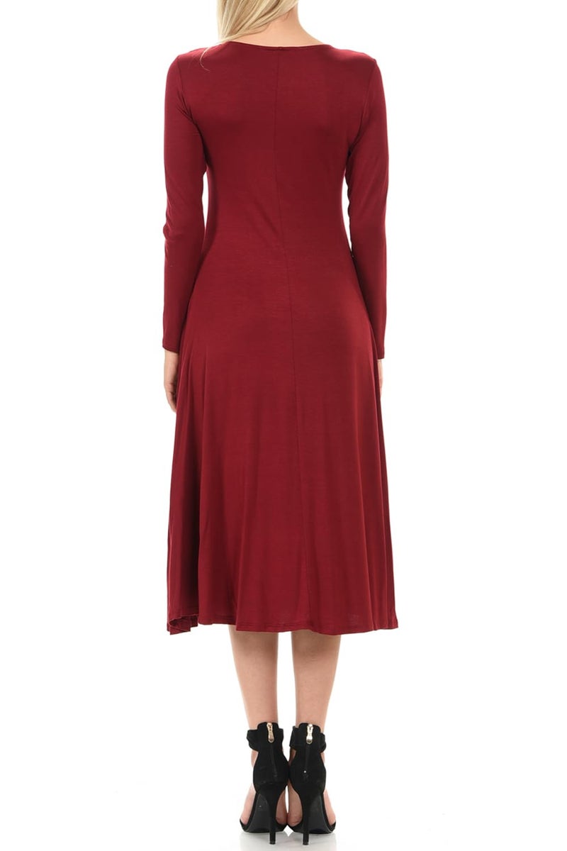 iconic luxe Women's Long Sleeve A-Line Fit and Flare Midi Dress Formal Casual Small Burgundy - Image 3