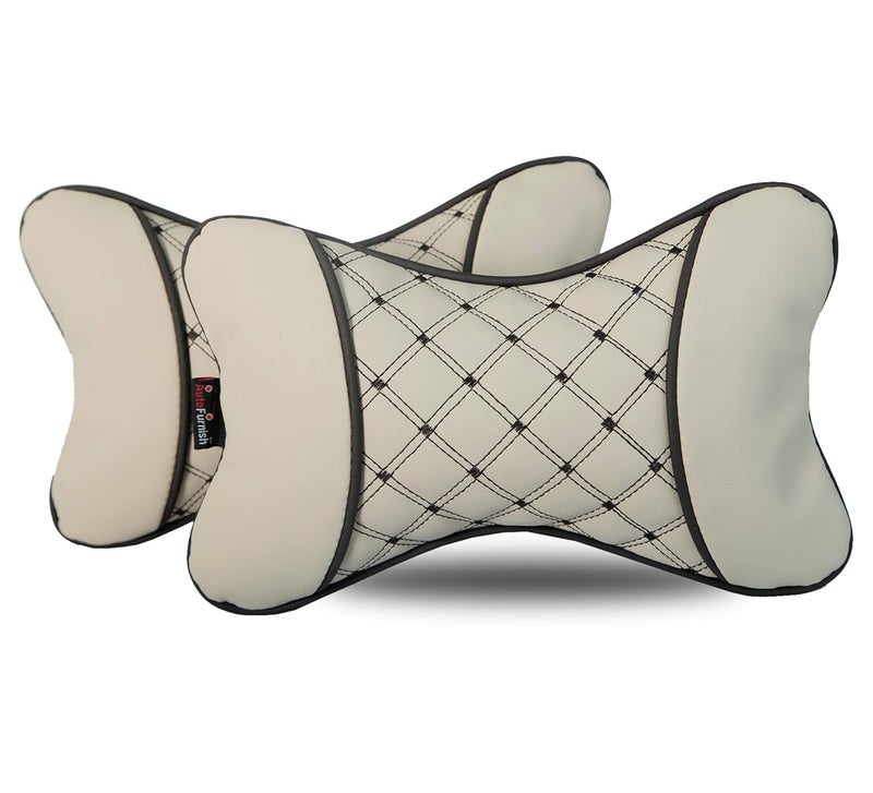 AutoFurnish HECTA Car Neckrest Cushion Prevents Neck Pain I Universal Fit Pressure Absorption Soft PU Leather Premium Pollyfill Diamond Cut Stitching Luxury Finish Stylish Car Accessories Interior Set of 2 Beige - Image 1