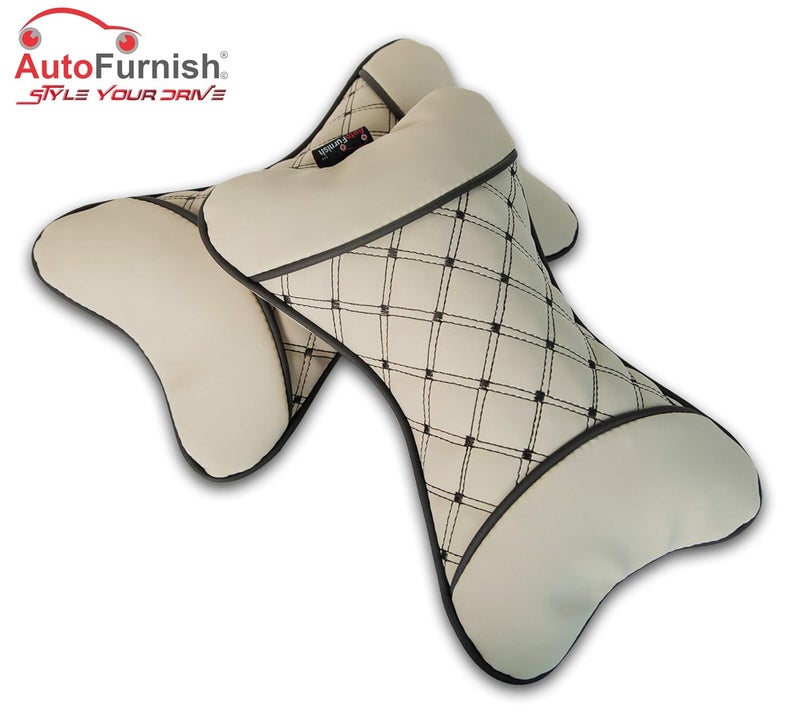 AutoFurnish HECTA Car Neckrest Cushion Prevents Neck Pain I Universal Fit Pressure Absorption Soft PU Leather Premium Pollyfill Diamond Cut Stitching Luxury Finish Stylish Car Accessories Interior Set of 2 Beige - Image 3