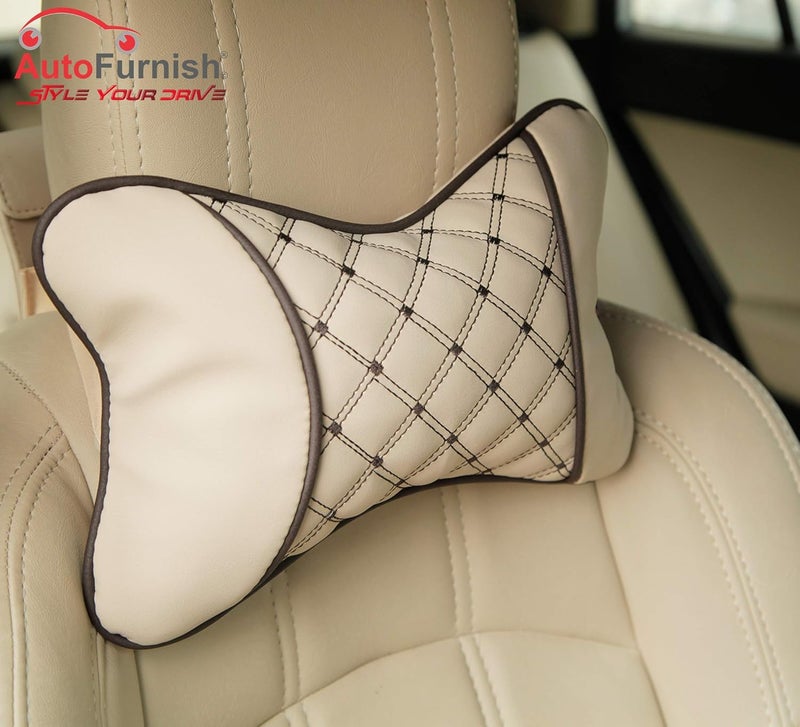 AutoFurnish HECTA Car Neckrest Cushion Prevents Neck Pain I Universal Fit Pressure Absorption Soft PU Leather Premium Pollyfill Diamond Cut Stitching Luxury Finish Stylish Car Accessories Interior Set of 2 Beige - Image 4
