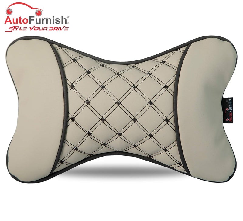 AutoFurnish HECTA Car Neckrest Cushion Prevents Neck Pain I Universal Fit Pressure Absorption Soft PU Leather Premium Pollyfill Diamond Cut Stitching Luxury Finish Stylish Car Accessories Interior Set of 2 Beige - Image 2
