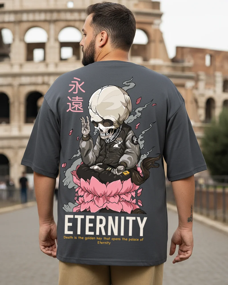 bewakoof Men's Dark Shadow Grey Eternity Graphic Printed Oversized Plus Size T-shirt