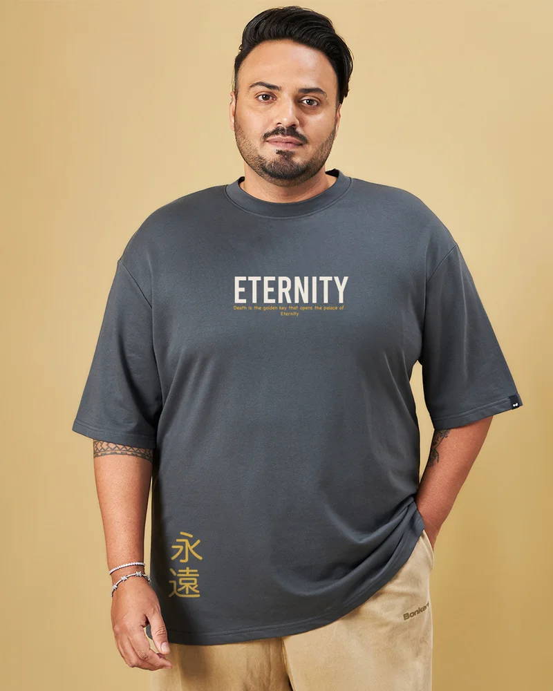bewakoof Men's Dark Shadow Grey Eternity Graphic Printed Oversized Plus Size T-shirt
