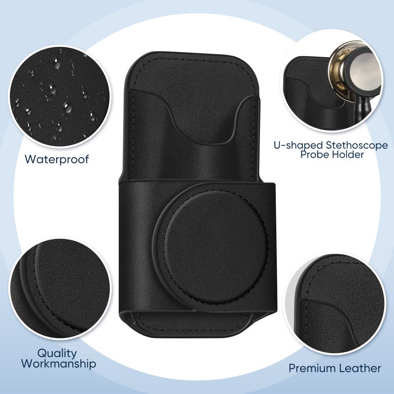 SKYREH Stethoscope Holder Clip, Magnetic Premium PU Leather Stethoscope Hip Holder Lightweight Portable Holster for Physicians, Nurses, EMT, Medical Students, for 3M Littmann & Most Stethoscope, Black - Image 2