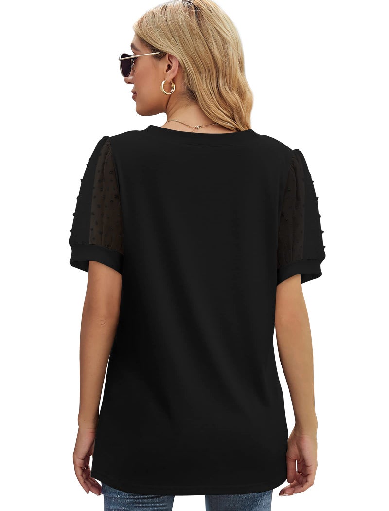 Aokosor Womens Summer Tops V Neck Swiss Dot Puff Sleeve Shirts Loose Fit Plus Size Black XXL - Image 4