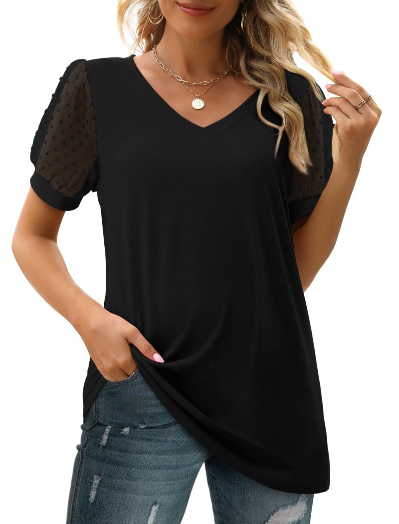 Aokosor Womens Summer Tops V Neck Swiss Dot Puff Sleeve Shirts Loose Fit Plus Size Black XXL - Image 3