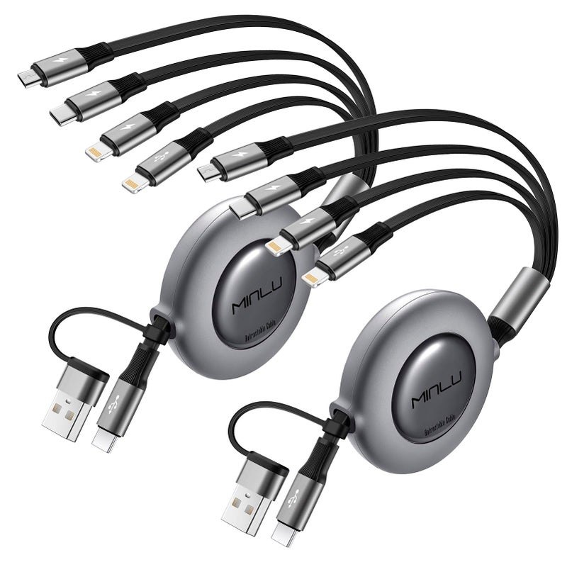 Minlu 4 in 2 Retractable Charging Cable 4A,2Pack 4Ft Multi Chargers for All Devices,USBC Charging Cable with A/C to Type C/L/Micro USB Ports Universal Multiple USB Cable for iPhone Series/Samsung/Tablets/PS - Image 1