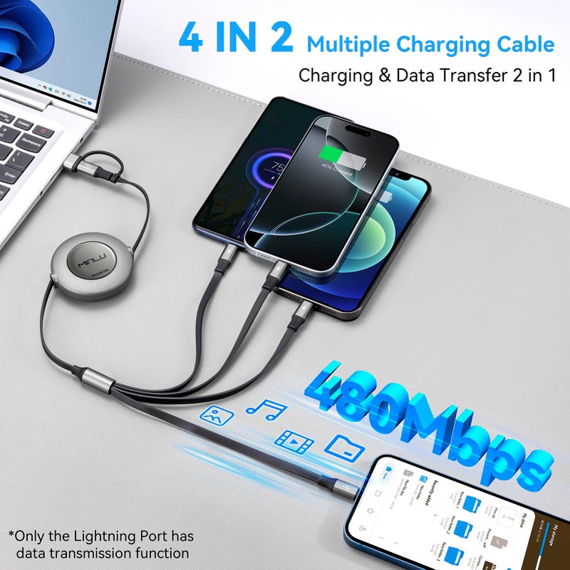 Minlu 4 in 2 Retractable Charging Cable 4A,2Pack 4Ft Multi Chargers for All Devices,USBC Charging Cable with A/C to Type C/L/Micro USB Ports Universal Multiple USB Cable for iPhone Series/Samsung/Tablets/PS - Image 2