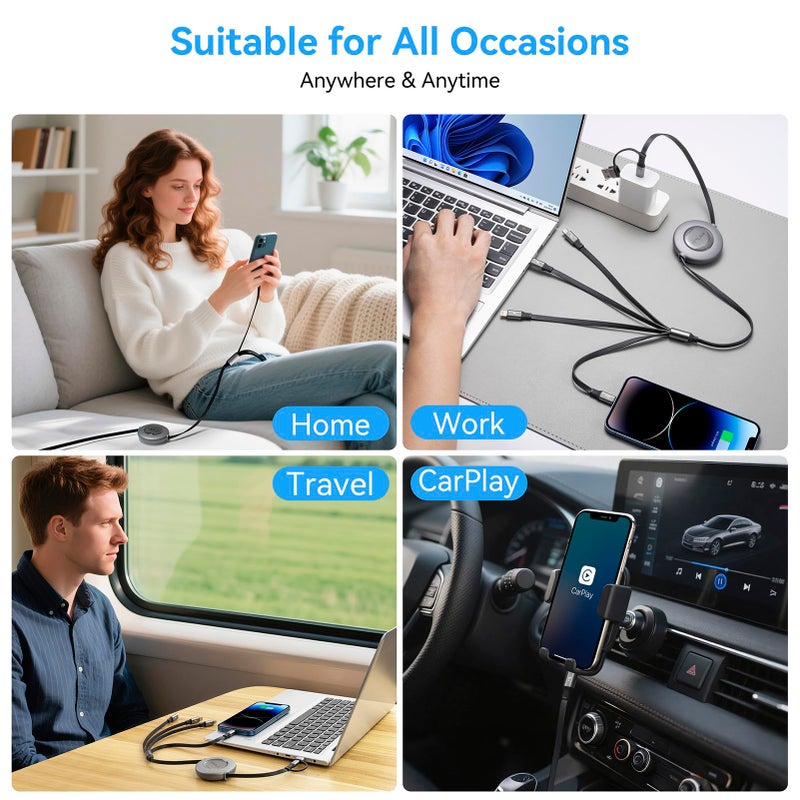 Minlu 4 in 2 Retractable Charging Cable 4A,2Pack 4Ft Multi Chargers for All Devices,USBC Charging Cable with A/C to Type C/L/Micro USB Ports Universal Multiple USB Cable for iPhone Series/Samsung/Tablets/PS - Image 4