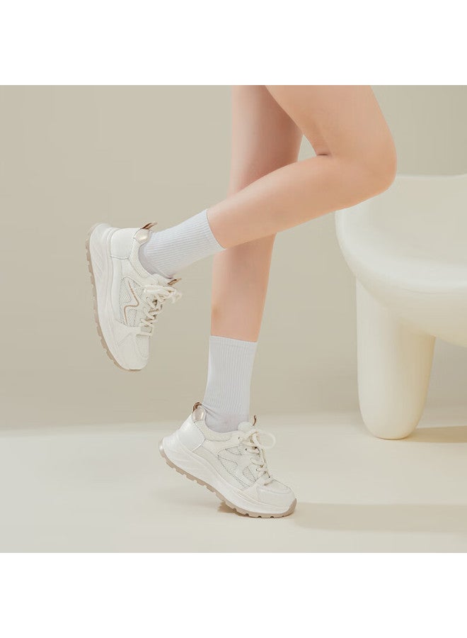 Red Dragonfly New Breathable Lightweight Height-increasing Mesh Sports Shoes Casual Thick-soled White Sneakers Wtb35101 Beige/apricot Size 38 - Image 4