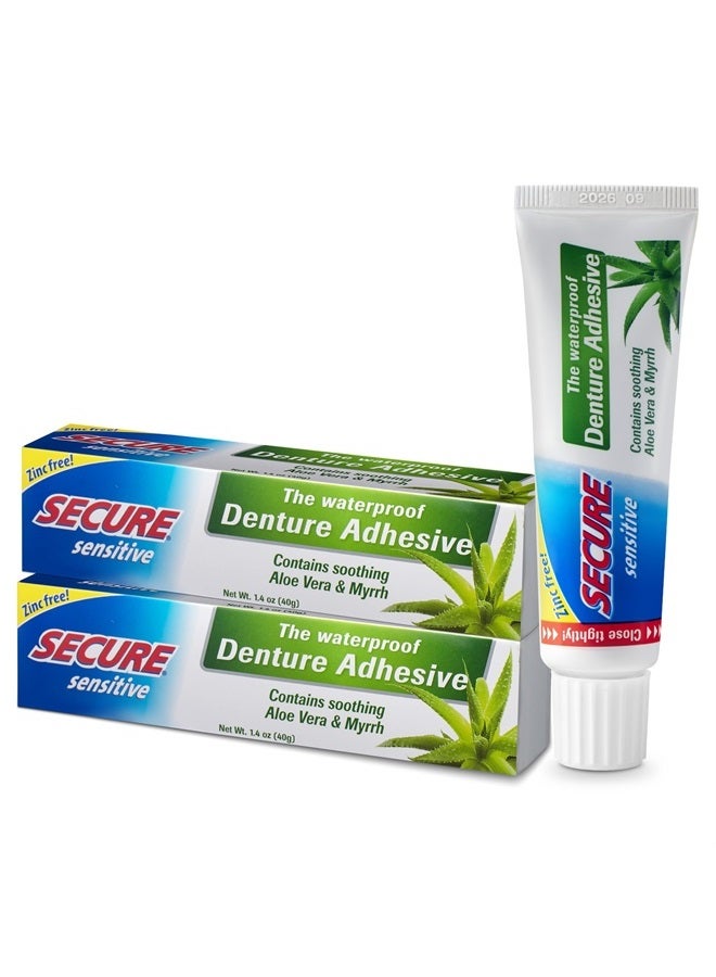 secure Sensitive Denture Adhesive with Aloe Vera & Myrrh – 12-Hour Max Hold – Patented Waterproof Seal – for All Denture Types – Food Grade Ingredients – FSA HSA Approved – 1.4 oz  - Image 1