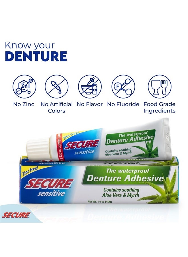 secure Sensitive Denture Adhesive with Aloe Vera & Myrrh – 12-Hour Max Hold – Patented Waterproof Seal – for All Denture Types – Food Grade Ingredients – FSA HSA Approved – 1.4 oz  - Image 4