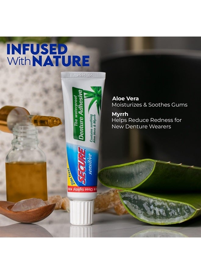 secure Sensitive Denture Adhesive with Aloe Vera & Myrrh – 12-Hour Max Hold – Patented Waterproof Seal – for All Denture Types – Food Grade Ingredients – FSA HSA Approved – 1.4 oz  - Image 2
