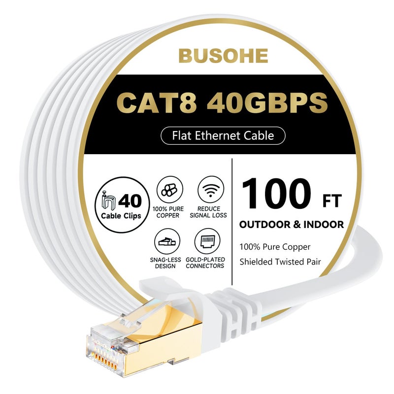 BUSOHE Cat 8 Ethernet Cable 100 FT 40Gbps 2000Mhz High Speed Flat Cat8 Cable Patch Cord with GoldPlated RJ45 Connector LAN Network Internet Cable with 40 Clips for RouterGamingComputer SFTP