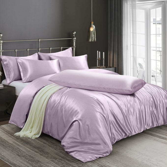 6 PIECES SATIN DUVET COVER FULLQUEEN SIZE LUXURY SILKY BEDDING DUVET COVER SET WITH 1 SOFT DUVET COVER 4 QUEEN PILLOWCASES AND 1 BODY PILLOWCASE LAVENDER