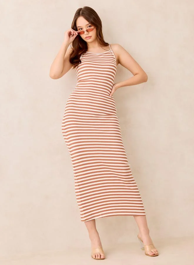 OUTZIDR Brown Ribbed Stripe Maxi Dress