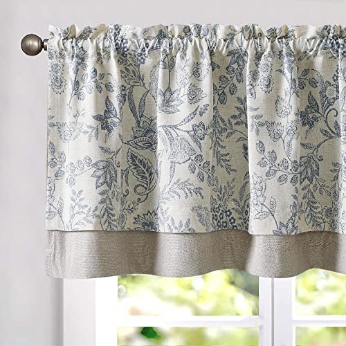 Vangao Vangao Farmhouse Linen Blend Valance Curtain for Kitchen Floral Rustic Double Layer Blackout Rod Pocket Window Topper Treatment 18 Inch Blue on Beige 