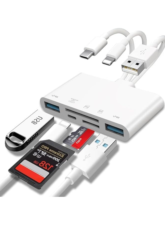 Green Tiger 5-in-1 Memory Card Reader - USB OTG Adapter & SD Card Reader Compatible with iPhone, USB C and USB A Device, Portable USB Camera Adapter 5 in 1 USB Female OTG Adapter (White) - Image 1