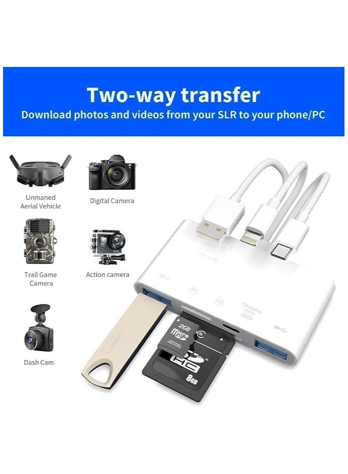 Green Tiger 5-in-1 Memory Card Reader - USB OTG Adapter & SD Card Reader Compatible with iPhone, USB C and USB A Device, Portable USB Camera Adapter 5 in 1 USB Female OTG Adapter (White) - Image 4