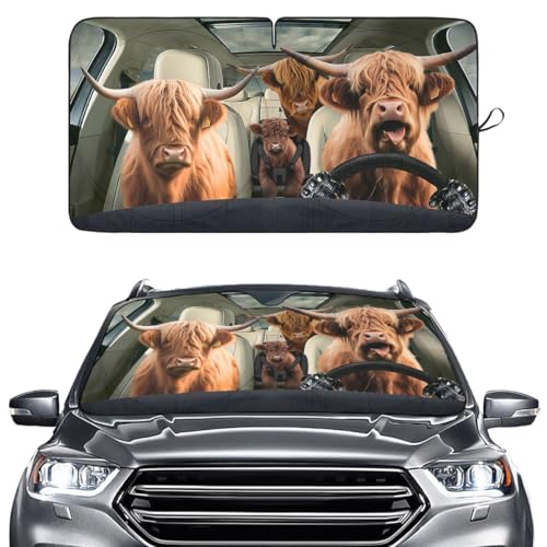 GENANY Highland Cow Family Funny Windshield Sun Shade for Car SUV Truck (55x29 Inches), Automobile Sunshade, Protector Blocks UV, Car Accessories, Auto Decor - Image 1